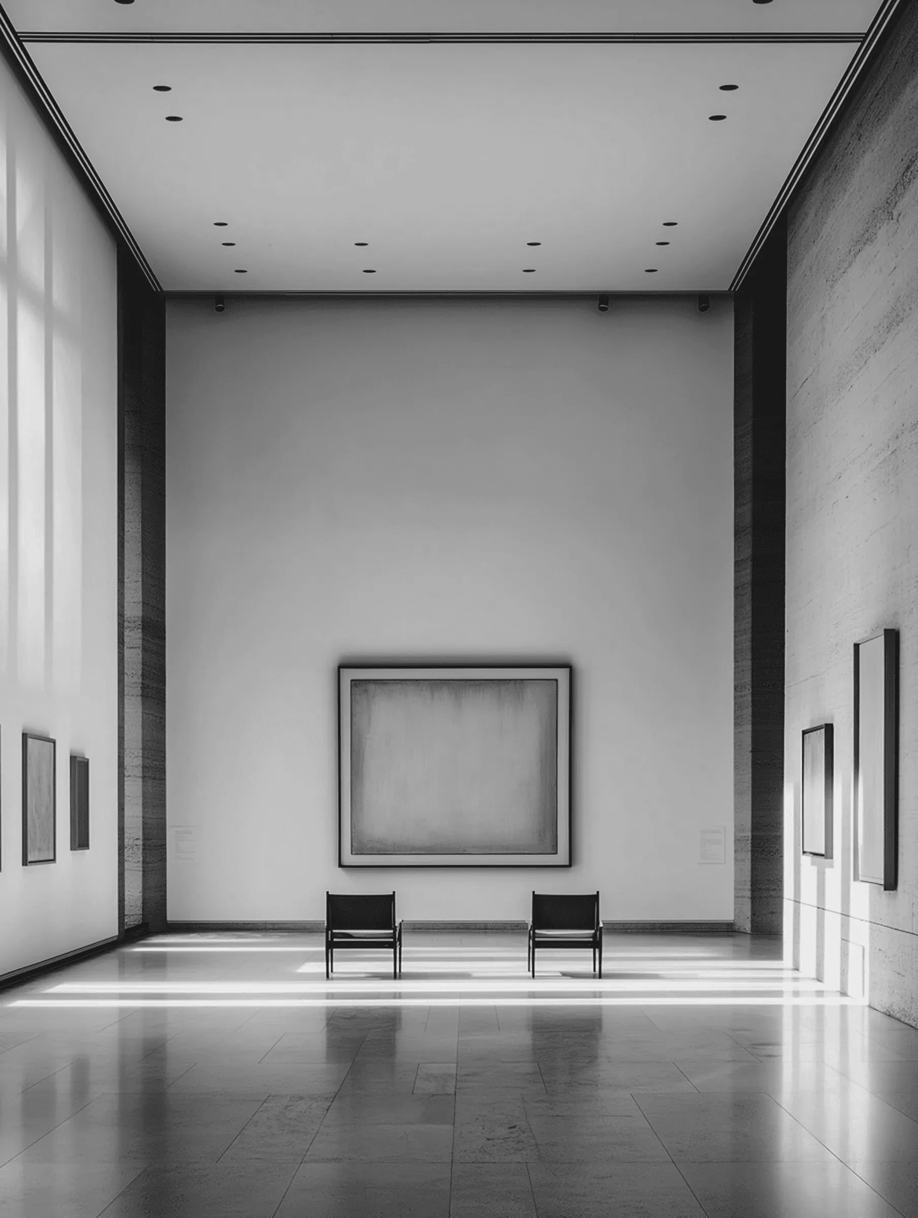 Symmetrical white gallery with one framed canvas and two benches