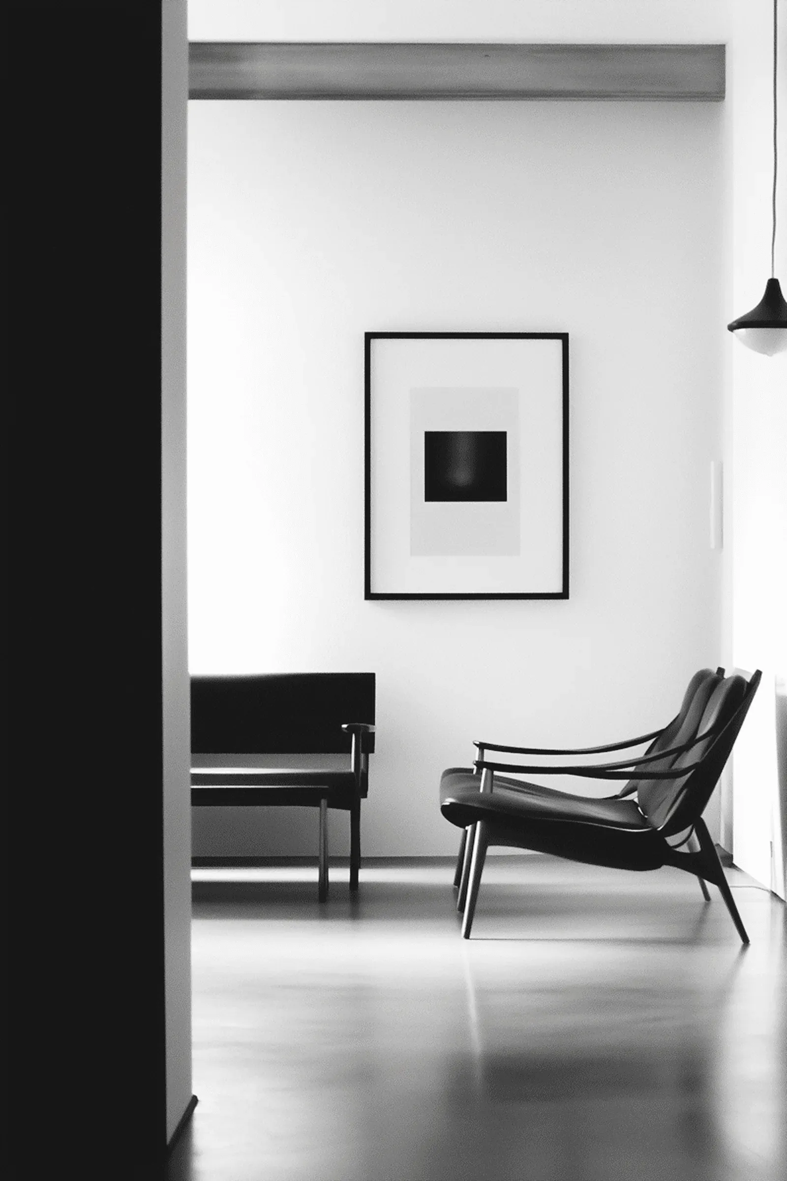 Minimal white room with a single framed print and a lounge chair