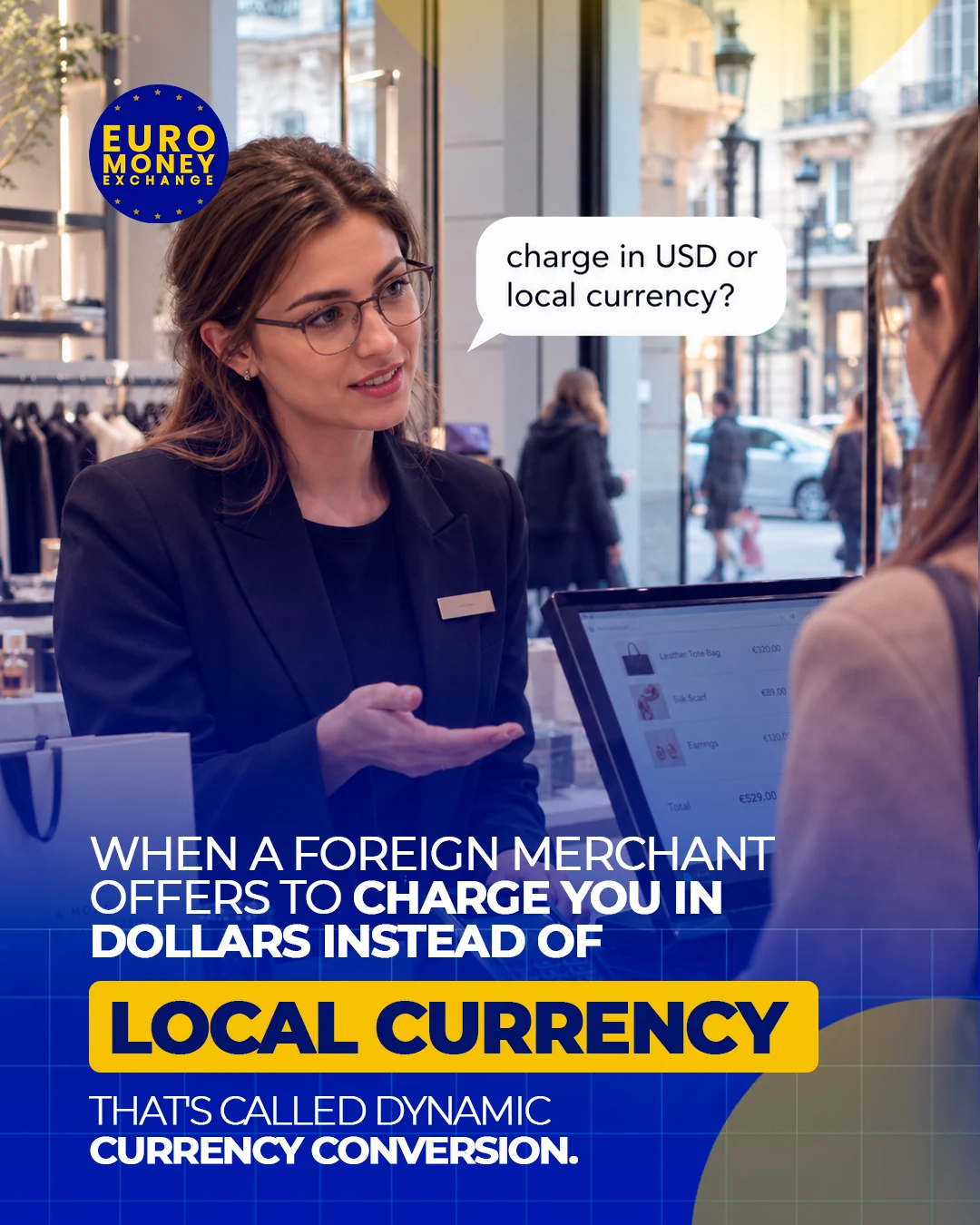 Euro Money carousel slide explaining dynamic currency conversion