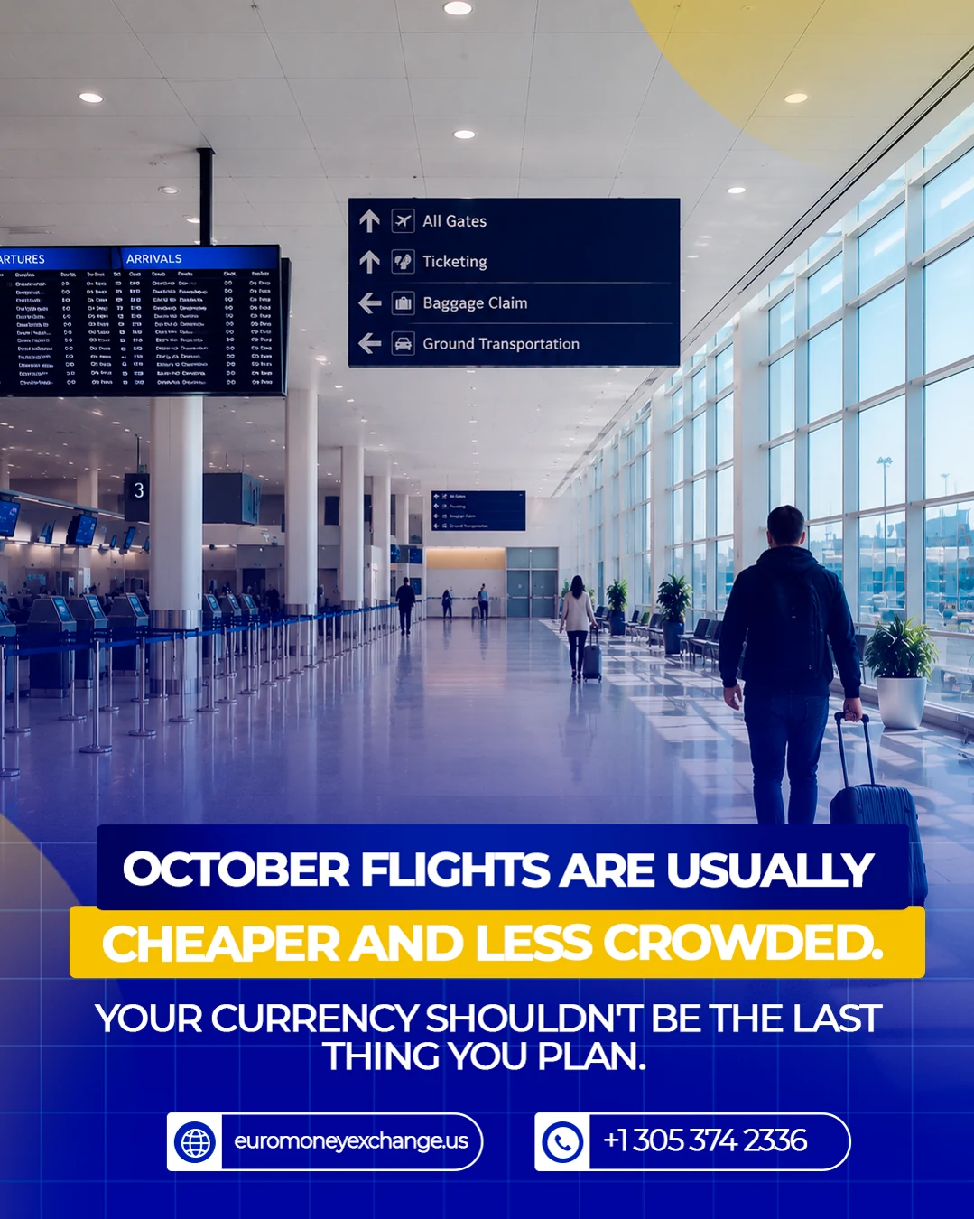 Euro Money travel post featuring an airport and an October travel message