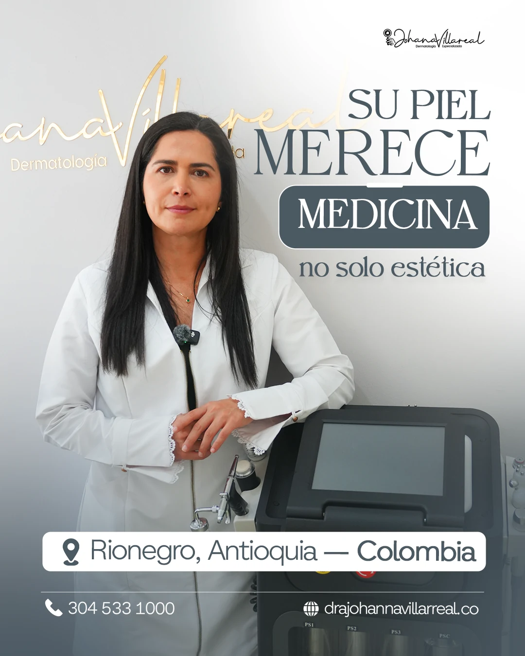 Portrait of Dra. Johanna Villarreal in a branded dermatology social media post
