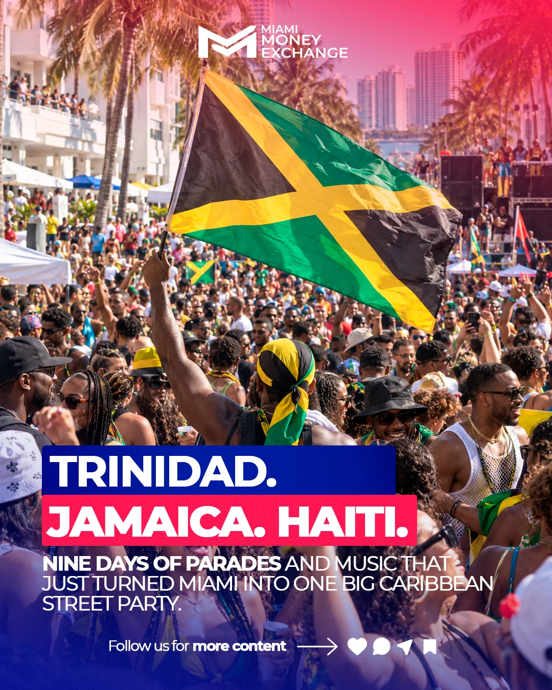 Miami Money carousel slide featuring Caribbean flags and a street parade