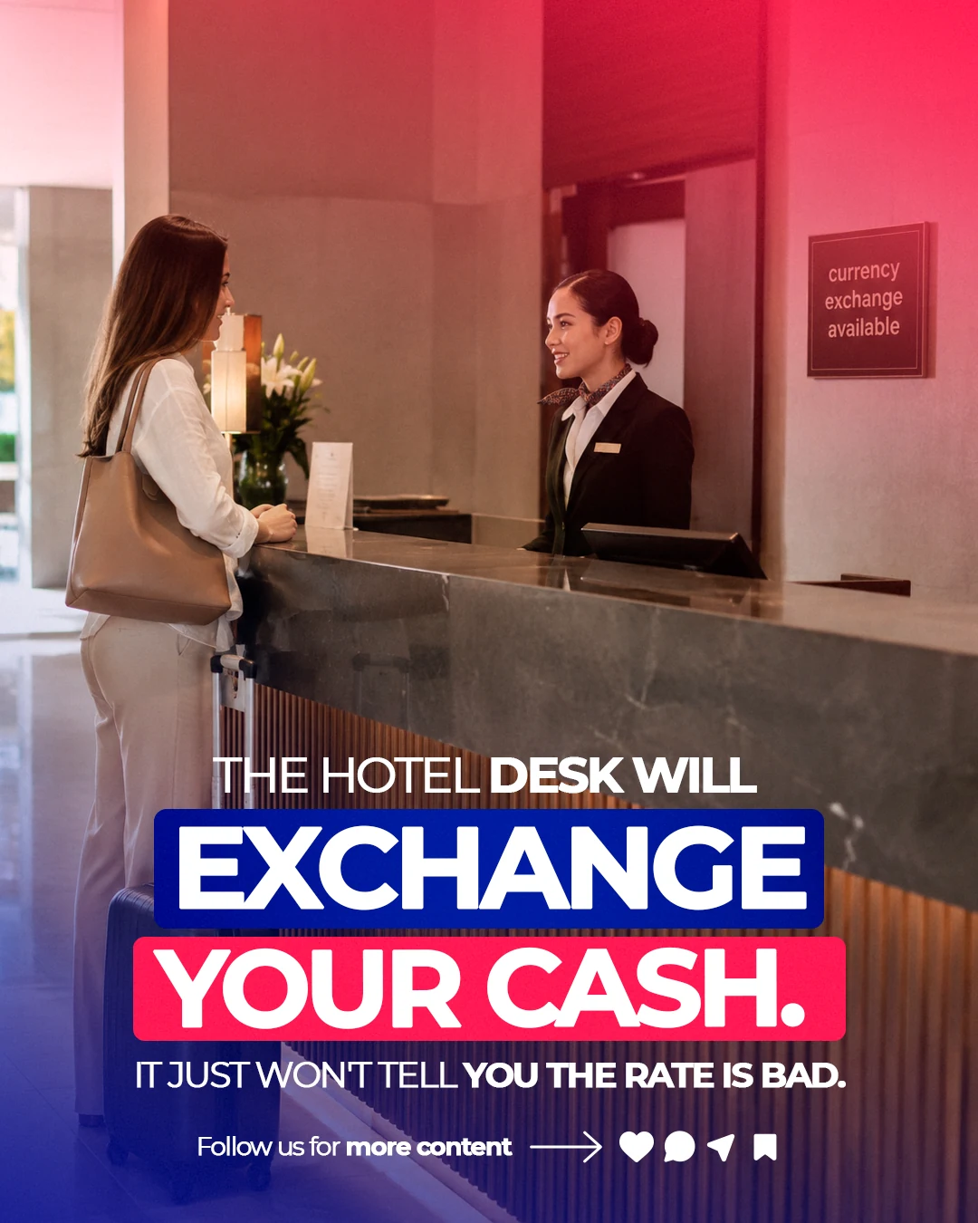 Miami Money social post about currency exchange at a hotel desk